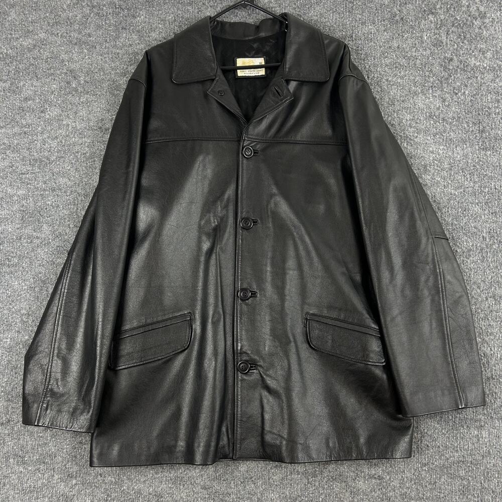 VTG Pierre Balmain Coat Mens XL Black Leather Golden Line Quilted Lined Overcoat
